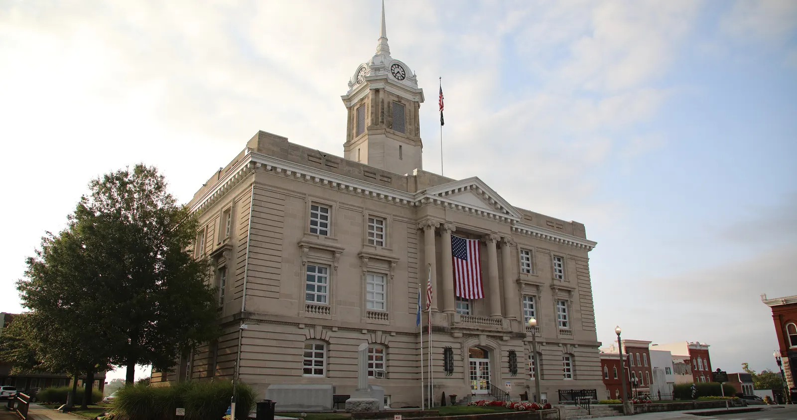 The Maury County Courthouse in Columbia, framed by trees